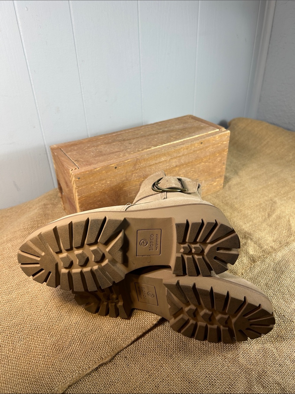 Blondo Taupe Suede Waterproof Lug-Sole Ankle Boots with Buckle - Picture 8 of 11
